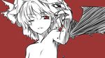  blood hat heriwo_(haraheridou) monochrome no_nose nude one_eye_closed outstretched_arm red_eyes remilia_scarlet short_hair simple_background solo spot_color touhou 