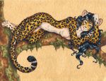  feline female green_eyes leopard looking_at_viewer mammal nude solo stephanie_lynn tongue tree wood 
