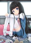  bad_id bad_pixiv_id black_hair blue_eyes feet kami-sama_no_memo-chou pajamas shionji_yuuko solo stuffed_animal stuffed_toy tenyoshi_(briansept) thighhighs white_legwear 