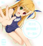  blonde_hair blush hair_ribbon heterochromia long_hair lyrical_nanoha mahou_shoujo_lyrical_nanoha_strikers mikuni_mizuki one-piece_swimsuit open_mouth ribbon school_swimsuit solo swimsuit vivio 