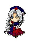  arrow blue_dress blue_eyes bow_(weapon) braid chibi dress hat long_hair multicolored multicolored_clothes multicolored_dress nurse_cap one_eye_closed red_dress silver_hair smile socha solo touhou transparent_background very_long_hair weapon yagokoro_eirin 