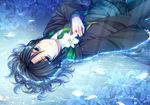  afloat black_hair blue_eyes flower harry_potter holding lily_(flower) lying male_focus necktie on_back petals robe school_uniform severus_snape solo sweater_vest water wet wet_clothes younger yuuna_minato 