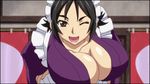  animated animated_gif black_hair bouncing_breasts breasts brown_eyes cleavage gif huge_breasts hypnotic japanese_clothes kimono long_hair lowres maid manyuu_hikenchou 