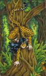  bracelet feline female green_eyes hair hunting jewelry leopard looking_at_viewer mammal nude solo stephanie_lynn tree warm_colors wood 