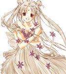  alternate_hair_color artist_request back_bow bare_shoulders bead_bracelet beads bishoujo_senshi_sailor_moon bow bracelet cowboy_shot double_bun dress facial_mark floating_hair flower forehead_mark jewelry long_hair princess_serenity red_eyes smile solo tsukino_usagi twintails very_long_hair white_background white_dress 