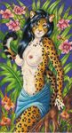  black_hair breasts clothed clothing ear_tuft feline female flower fur fur_tuft green_eyes hair leopard long_hair looking_at_viewer mammal navel nipples orchid plants signature skimpy skirt solo spots standing stephanie_lynn topless tuft warm_colors white_fur yellow_fur 