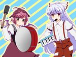  adaajt animal_ears bass_drum bow drum fujiwara_no_mokou grey_eyes hair_bow hat instrument keyboard_(instrument) melodica multiple_girls mystia_lorelei pink_hair red_eyes short_hair silver_hair suspenders touhou wings 