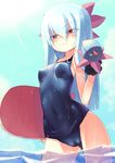  blue_hair blush breasts cameltoe covered_navel covered_nipples gen_5_pokemon hand_puppet highres homura_subaru hydreigon kickboard long_hair one-piece_swimsuit personification pokemon puppet red_eyes school_swimsuit small_breasts solo standing swimsuit translucent_hair wading water wet wet_clothes 