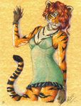  clothed clothing feline female fingerless_gloves gloves hair hair_over_eye lingerie looking_at_viewer mammal necklace nightgown red_hair skimpy solo stephanie_lynn tiger warm_colors 