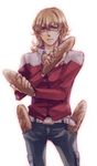  akixx bad_id bad_pixiv_id barnaby_brooks_jr belt blonde_hair blue_eyes bread food glasses jacket jewelry male_focus necklace red_jacket solo studded_belt tiger_&amp;_bunny 