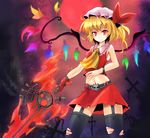  adapted_costume alternate_weapon alternate_wings ascot bad_id bad_pixiv_id bare_shoulders blonde_hair flandre_scarlet garter_straps gloves hat injury laevatein midriff navel red_eyes short_hair side_ponytail single_glove skirt solo sumapan sword thighhighs torn_clothes torn_legwear touhou weapon wings zettai_ryouiki 
