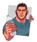  1boy bara beard beard_stubble bottle buzz_cut cropped_torso dark-skinned_male dark_skin facial_hair golden_kamuy incoming_drink jo_tuesday19 large_pectorals long_sideburns looking_at_viewer male_focus mature_male muscular muscular_male outstretched_hand pectorals scar scar_on_face short_hair sideburns smile solo stubble tanigaki_genjirou thick_eyebrows very_short_hair water_bottle 
