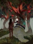  1girl absurdres ass brown_hair commentary completely_nude dark-skinned_female dark_skin english_commentary eve_(mythology) food from_behind fruit grass highres nude serpent_(bible) snake the_bible tree wolfythewitch 