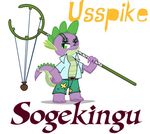  colored_text dragon eyewear friendship_is_magic goggles green_body green_eyes green_spikes hasbro killkatt male my_little_pony one_piece pirate plain_background purple_scales scalie shirt shorts slingshot smile solo spike_(mlp) text white_background 
