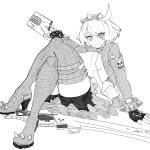  1girl arqa bike_shorts boots bracelet breasts collar dress elphelt_valentine frilled_dress frills greyscale guilty_gear guilty_gear_strive gun hairband highres holding holding_gun holding_weapon jacket jewelry large_breasts long_sleeves looking_at_viewer monochrome short_hair sideboob sitting smile spiked_bracelet spiked_collar spiked_hairband spikes thick_thighs thigh_boots thighs two-tone_dress weapon 