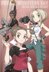  1boy 2girls alexa_(pokemon) black_footwear black_hair blonde_hair breasts brown_hair camera character_name cleavage collarbone copyright_name crop_top dark-skinned_male dark_skin grant_(pokemon) green_eyes holding holding_camera midriff multiple_girls navel pokemon pokemon_xy shirt siblings signature sisters sleeveless sleeveless_shirt viola_(pokemon) wackybee wristband 