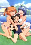  :d absurdres ahoge animal_ears barefoot bikini black_hair blue_hair bow breast_press breasts brown_hair casual_one-piece_swimsuit cat_ears chain-link_fence cloud day fence girl_sandwich green_eyes hair_bow hairband hazuki_kurumi highres hug kaitou_tenshi_twin_angel kannazuki_aoi kneeling long_hair medium_breasts minazuki_haruka_(twin_angel) multiple_girls murakami_yuu non-web_source nyantype official_art old_school_swimsuit one-piece_swimsuit one_eye_closed open_mouth outdoors plaid plaid_bikini pool poolside purple_eyes sandwiched scan school_swimsuit short_hair short_twintails side-tie_bikini sky smile starting_block swimsuit tree twin_angel twintails very_long_hair 