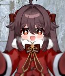  1girl :d aged_down alternate_costume blurry brown_hair coat commentary depth_of_field english_commentary fur_trim genshin_impact hair_between_eyes hu_tao_(genshin_impact) long_hair long_sleeves looking_at_viewer meme mittens miyako_draw orange_eyes outdoors photo_background pov pov_cheek_warming_(meme) reaching reaching_towards_viewer red_coat red_mittens sidelocks smile solo symbol-shaped_pupils tree twintails visible_air winter_clothes winter_coat 