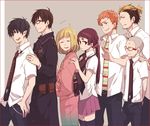  5boys ao_no_exorcist bad_id bad_pixiv_id black_hair blonde_hair brothers eyebrows glasses hime_cut japanese_clothes kamiki_izumo kashimaa miwa_konekomaru moriyama_shiemi multicolored_hair multiple_boys multiple_girls necktie okumura_rin okumura_yukio pointy_ears purple_hair school_uniform scrunchie shima_renzou short_hair siblings smile striped striped_neckwear suguro_ryuuji two-tone_hair 