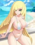  1girl beach bikini blonde_hair blurry blurry_background blush breasts cleavage closed_mouth collarbone deepspace english_commentary green_eyes hair_over_one_eye highres large_breasts long_hair looking_at_viewer lusamine_(pokemon) navel outdoors pokemon pokemon_sm smile solo standing swimsuit very_long_hair white_bikini 