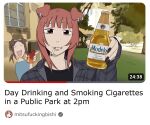 2023 absurd_res alcohol animal_humanoid bangs beer beverage bottle canid canid_humanoid canine canine_humanoid cigarette cigarette_in_mouth container dog_humanoid duo ear_piercing english_text facial_piercing female glass_bottle hi_res hitsujigoods humanoid lip_piercing mammal mammal_humanoid mitsubishi_doggy modelo_(beer) object_in_mouth piercing text vhs_doggy youtube