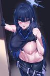  1girl absurdres bare_shoulders black_gloves black_hair black_headwear black_shirt blue_archive blue_eyes blue_hair breasts clothes_lift elze_(s01047480836) gloves halo hat heart heart-shaped_pupils highres large_breasts long_hair looking_at_viewer navel nipples open_mouth pants saori_(blue_archive) shirt sleeveless sleeveless_shirt solo stomach symbol-shaped_pupils 