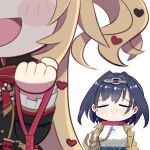  2girls :d akai_haato akai_haato_(5th_costume) black_dress black_hair blonde_hair blurry blurry_foreground blush_stickers bow breasts brown_coat chain chain_headband chain_leash chibi clenched_teeth coat commentary crying depth_of_field dress english_commentary hair_bow hair_intakes hair_ornament head_out_of_frame heart heart_hair_ornament highres hololive hololive_english leash long_hair medium_breasts multiple_girls nabe_(nabe_otome) ouro_kronii ouro_kronii_(3rd_costume) shirt short_hair sleeveless sleeveless_turtleneck smile teeth trench_coat turtleneck two_side_up very_long_hair virtual_youtuber white_shirt 