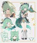  1girl @_@ absurdres ahoge animal_ears black_footwear blue_fire eating fiery_tail fire flag fox_girl ghost_tail green_eyes green_flag green_hair highres holding holding_flag honkai:_star_rail honkai_(series) huohuo_(honkai:_star_rail) long_hair long_sleeves looking_at_viewer multiple_views nage_(sacosui_ng) open_mouth paw-shaped_pupils scared shorts socks tail white_leg_warmers white_socks 