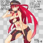  black_gloves breasts checkered checkered_background chibi chibi_inset choker cleavage dated fingerless_gloves gloves hat large_breasts long_hair midriff mori_hikiko navel open_mouth original red_eyes red_hair teriyaki tongue translation_request 