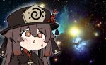  1girl brown_eyes brown_hair chinese_clothes galaxy genshin_impact hair_between_eyes hat highres hu_tao_(genshin_impact) long_hair long_sleeves looking_at_viewer meme porkpie_hat sesield sidelocks sketch sky solo space space_cat_(meme) star_(sky) starry_sky sweatdrop symbol-shaped_pupils triangle_mouth twintails 