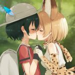  2girls animal_ears backpack bag bare_shoulders black_gloves black_hair blonde_hair blush bow bowtie cat_ears cat_girl cat_tail closed_eyes elbow_gloves extra_ears fuutea0w0 gloves hat_feather helmet high-waist_skirt highres holding_hands kaban_(kemono_friends) kemono_friends kiss multiple_girls pith_helmet print_bow print_bowtie print_gloves print_skirt red_shirt serval_(kemono_friends) serval_print shirt short_hair short_sleeves skirt sleeveless t-shirt tail white_shirt yuri 