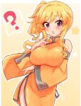  1girl :o ? bare_shoulders blonde_hair blue_eyes blush breast_hold breasts china_dress chinese_clothes detached_sleeves dress groin highres idolmaster idolmaster_cinderella_girls large_breasts long_hair looking_at_viewer ohtsuki_yui open_mouth orange_dress ponytail side_ponytail solo thighs tong_(freedom2000) wavy_hair 