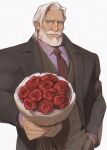  1boy bara beard black_suit black_vest blue_eyes bouquet business_suit closed_mouth collared_shirt dark-skinned_male dark_skin facial_hair flower formal grey_background hand_in_pocket highres holding holding_bouquet jp_(street_fighter) large_pectorals long_hair looking_at_viewer male_focus mature_male muscular muscular_male mustache necktie old old_man pectorals purple_shirt reaching reaching_towards_viewer red_flower red_necktie red_rose rose sa1k0p shirt simple_background solo street_fighter street_fighter_6 suit thick_beard thick_eyebrows thick_mustache upper_body vest waistcoat white_hair 