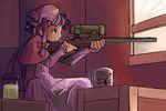  bolt_action coffee_mug cup gun hat jar kirisame_marisa mug parody patchouli_knowledge pee purple_eyes purple_hair rifle scope sniper_rifle solo team_fortress_2 the_sniper touhou weapon zassou_maruko 