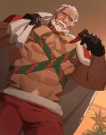  1boy abs adjusting_bowtie bara bare_pectorals beard black_gloves blue_eyes cape carrying_over_shoulder christmas_tree dark-skinned_male dark_skin facial_hair fur-trimmed_cape fur-trimmed_pants fur_trim gloves highres holding holding_sack indoors jp_(street_fighter) large_pectorals long_hair looking_at_viewer male_focus male_underwear male_underwear_peek mature_male muscular muscular_male mustache navel navel_hair neck_ribbon old old_man pants pectorals red_cape red_pants ribbon sa1k0p sack santa_costume solo street_fighter street_fighter_6 strongman_waist thick_beard thick_eyebrows thick_mustache tree-topper underwear white_hair wrinkled_skin 