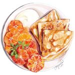  conniegg_au dated food food_focus food_request fruit highres leaf no_humans original pancake plate signature simple_background still_life white_background 