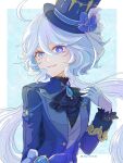  1girl ascot black_ascot blue_ascot blue_background blue_brooch blue_gemstone blue_hair blue_headwear blue_jacket border cowlick drop-shaped_pupils furina_(genshin_impact) gem genshin_impact gloves half_gloves hat heterochromia highres jacket light_blue_hair mismatched_pupils papico0154 simple_background solo top_hat twitter_username upper_body white_border 