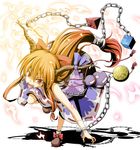  belt bottle bow chain fangs flask_(pandora) full_body hair_bow highres horns ibuki_suika long_hair looking_at_viewer open_mouth orange_hair ribbon shaded_face skirt solo touhou white_background wrist_cuffs 