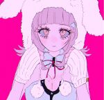  1girl animal_ears animal_hood armlet breasts cleavage closed_mouth danganronpa_(series) danganronpa_2:_goodbye_despair detached_collar fake_animal_ears flipped_hair hair_ornament hands_up highres hood iori_777 looking_at_viewer medium_hair mole mole_on_breast nanami_chiaki neck_ribbon official_alternate_costume pink_background pink_eyes pink_hair pink_ribbon rabbit_hood ribbon solo 