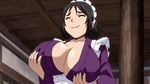  animated animated_gif black_hair breast_expansion breasts bursting_breasts cleavage gif huge_breasts large_breasts lowres maid manyuu_chifusa manyuu_hikenchou nipples open_mouth uncensored 