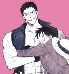 2boys abs bara blush charlotte_katakuri crossed_arms fangs fangs_out gloves happy hat hat_on_back height_difference hug large_pectorals long_sleeves looking_to_the_side male_focus mature_male monkey_d._luffy monochrome multiple_boys muscular muscular_male nography one_piece open_clothes open_vest pectoral_cleavage pectorals pink_background pink_eyes pink_theme scar scar_on_cheek scar_on_face shirt short_hair shy simple_background size_difference smile stitched_mouth stitches straw_hat sweatdrop teeth upper_body vest 