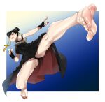  1girl barefoot black_dress black_hair breasts brown_eyes chun-li cosplay double_bun dress eiji_(eiji) eyeliner feet fingerless_gloves foot_focus foreshortening gloves gradient_background hair_bun highres kicking_at_viewer large_breasts looking_at_viewer makeup panties pantyshot red_eyeliner red_nails soles spy_x_family street_fighter street_fighter_6 underwear yor_briar yor_briar_(cosplay) 