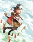  alice:_madness_returns alice_(wonderland) alternate_costume apron black_hair boots brown_eyes brown_legwear card chinaanchor cloud day dress elbow_gloves expressionless falling_card floating_card flying gloves highres long_hair pantyhose puffy_sleeves sky solo 
