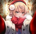  1girl absurdres beret blonde_hair blue_ribbon blunt_bangs blurry blurry_background blurry_foreground blush braid breath coat depth_of_field french_braid fringe_trim fur-trimmed_coat fur_trim green_eyes grey_jacket hair_ornament hair_rings hat highres indie_virtual_youtuber jacket looking_at_viewer meme mittens nanakusa_ayame neck_ribbon open_mouth pom_pom_(clothes) pom_pom_hair_ornament pov pov_cheek_warming_(meme) raised_eyebrow red_headwear red_mittens red_sailor_collar red_scarf ribbon sailor_collar scarf shigure_ui_(vtuber) short_hair side_braid single_hair_ring swept_bangs white_coat 