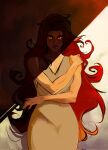  1girl against_wall breasts colored_sclera commentary dress greek_mythology grey_dress highres long_hair looking_at_viewer medium_breasts medusa_(mythology) orange_sclera red_eyes red_hair scar scar_across_eye shade solo thereinart very_long_hair 