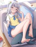  1girl :q backpack bag bare_legs barefoot blue_eyes blue_hair blue_nails blue_neckerchief blue_skirt blush closed_mouth clothes_lift collared_shirt couch dated ebi-chan_(gawr_gura) feet fingernails gawr_gura gawr_gura_(school_uniform) grey_hair hair_bobbles hair_ornament highres hololive hololive_english indoors legs lifted_by_self like_and_retweet long_fingernails looking_at_viewer lying medium_hair meme multicolored_hair nail_polish neckerchief no_panties official_alternate_costume on_back on_couch one_side_up panties rabbit_hair_ornament randoseru shirt shoes short_sleeves signature skirt skirt_lift smile socks soles solo streaked_hair striped striped_panties stuffed_animal stuffed_shark stuffed_toy test thighs toenail_polish toenails toes tongue tongue_out twitter_strip_game_(meme) underwear unworn_panties unworn_socks uwabaki vest virtual_youtuber white_socks yellow_vest zeng$_(zwj) 