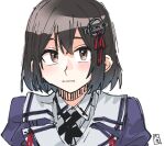  1girl black_hair brown_eyes closed_mouth haguro_(kancolle) haguro_kai_ni_(kancolle) hair_between_eyes hair_ornament jacket kantai_collection looking_at_viewer mido006 short_hair signature simple_background sketch solo uniform upper_body white_background 