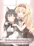  2girls :d adjusting_another&#039;s_clothes animal_ear_fluff animal_ears bare_arms black_bow black_bowtie black_hair black_tail blonde_hair blush bow bowtie cat_ears cat_girl cat_tail collared_dress commentary company_name copyright_notice dress english_commentary english_text frills hairband highres hug hug_from_behind indoors little_witch_nobeta long_hair long_sleeves looking_at_another multiple_girls nobeta official_art open_mouth phyllis_(human)_(little_witch_nobeta) phyllis_(little_witch_nobeta) red_eyes red_hairband sleeveless smile tail very_long_hair yellow_eyes 