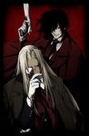  1girl alucard_(hellsing) black_hair blonde_hair cigar dark_skin glasses gloves gun handgun hellsing integra_hellsing komo_(sleepy) long_hair pistol red_eyes reverse_trap smoking weapon 