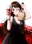  1girl arm_up black_dress bottle breasts brown_hair chutohampa cleavage collarbone cup dress drinking_glass halterneck highres holding holding_bottle holding_cup long_hair one_eye_closed original signature smile solo wine_bottle wine_glass 